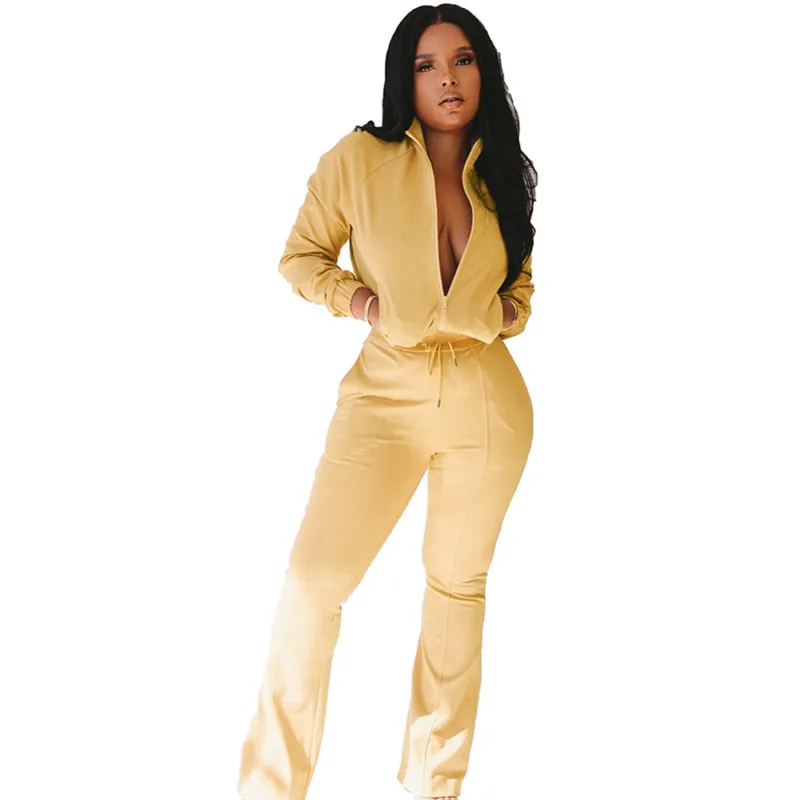 

New Zipper 2 Piece Set Long Sleeve Top Flared Pants Set Female Solid Color Running Women's Tracksuit Ladies Sportwear
