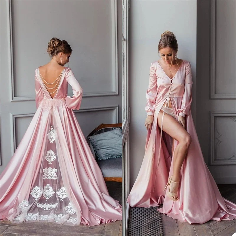 

Pink Silk Wedding Pajamas Beading Pearls Nightgown Sleepwear Custom Made Women Bathrobe Wedding Bridal Robe Customize Nightgown