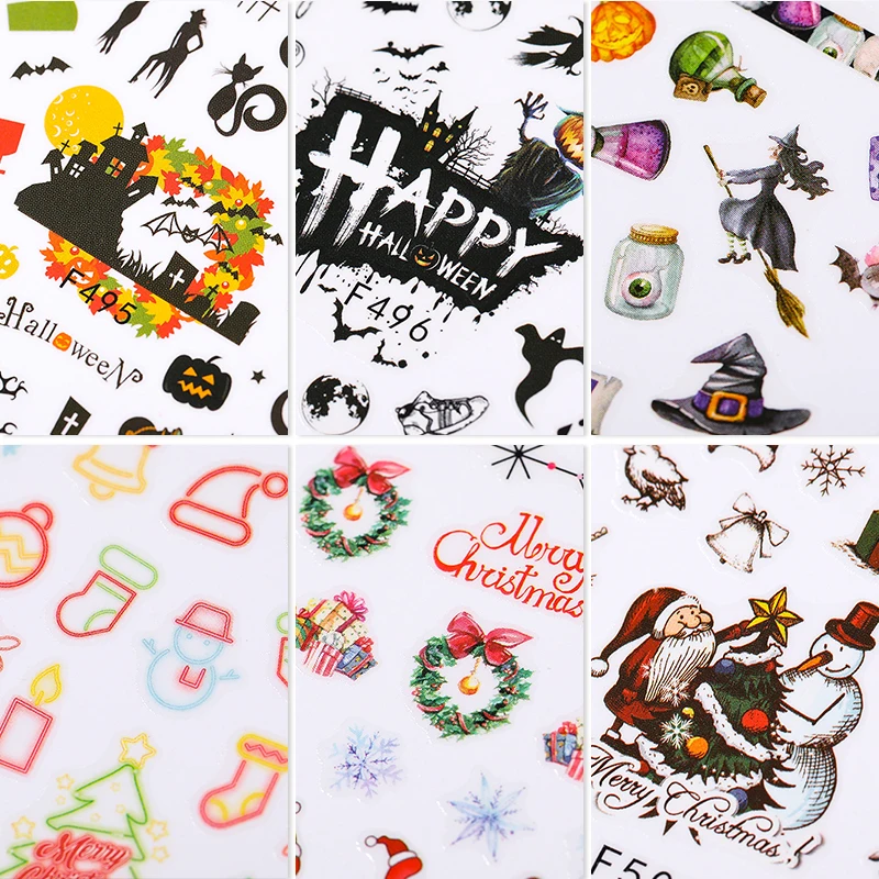 1PC Christmas Halloween 3D Nail Stickers Cartoon Santa Claus Bat Pumpkin Transfer Decals Decoration Manicures Accessories | Красота и