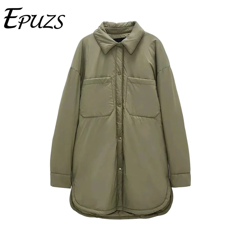 

Winter Fashion New Arrival Turn Down Collar Long Sleeve Shirt Coats Black Green Women Parkas With Pockets Mujer Solid Jackets