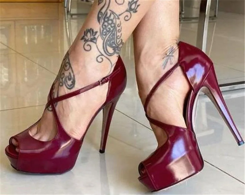 

Fashoin Peep Toe Burgundy Patent Leather High Platform Stiletto Heel Pumps Straps Cross Wine Red High Heels Club Shoes