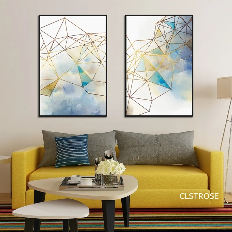 

Nordic Posters Golden Border Abstract Geometric Art Watercolor Canvas Pictures For Living Room Bedroom Decor Painting Unframed
