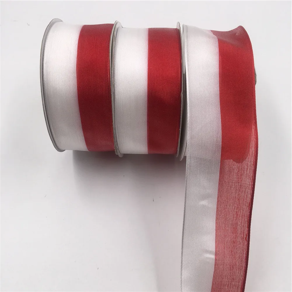 

25Yards 38MM Wired Edge Red White Organza Stripes Ribbon for Birthday Decoration Chirstmas Gift DIY Wrapping 1-1/2" N1012