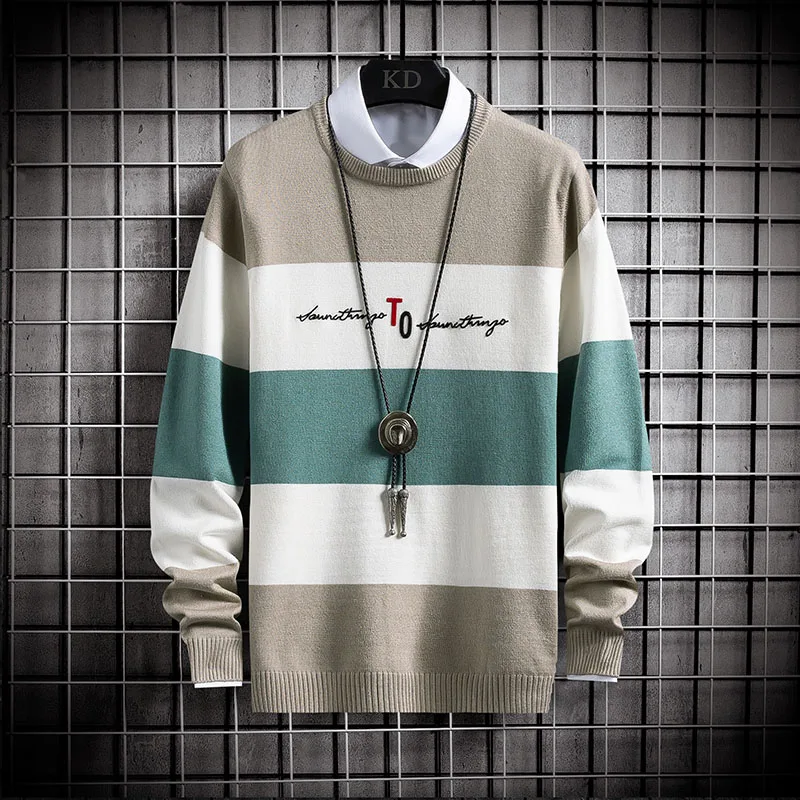 

Autumn Sweaters And Pullovers Men Long Sleeve Knitted stripe Sweater High Quality Winter Pullovers Homme Warm Coat Newest 2021