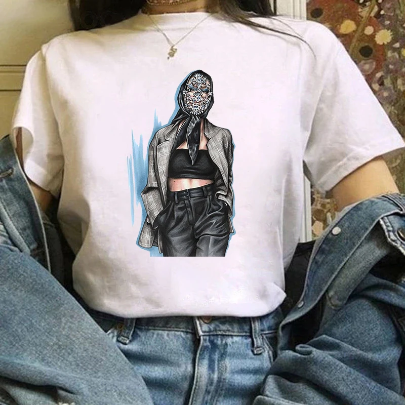 

2021 New Women's White T-shirt Harajuku Beauty Girl Printed Vogue Korean Harajuku 100% Cotton Clothing Leisure Female Tops Tee