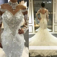 luxury gorgeous beading crystal long wedding dresses 2020 high neck long sleeve 3d lace applique plus size bridal gowns