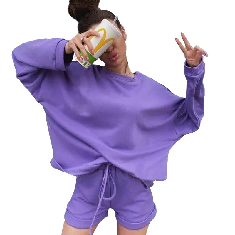 

2020 Autumn New Home Round Neck Loose Bat Sleeves Casual Lace Up Shorts Two Piece Set Women Ladies Solid Color Tracksuits