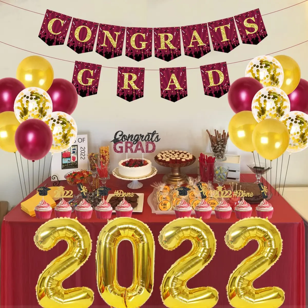 

CHEEREVEAL Grad Party Decoration Gold Confetti Balloon Cake Cupcake Topper Banner 2022 Foil Balloons for Graduation Supplies