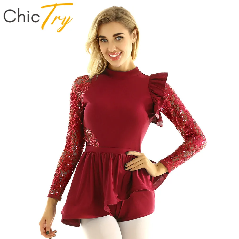 Женское кружевное балетное платье с блестками длинными рукавами и открытой