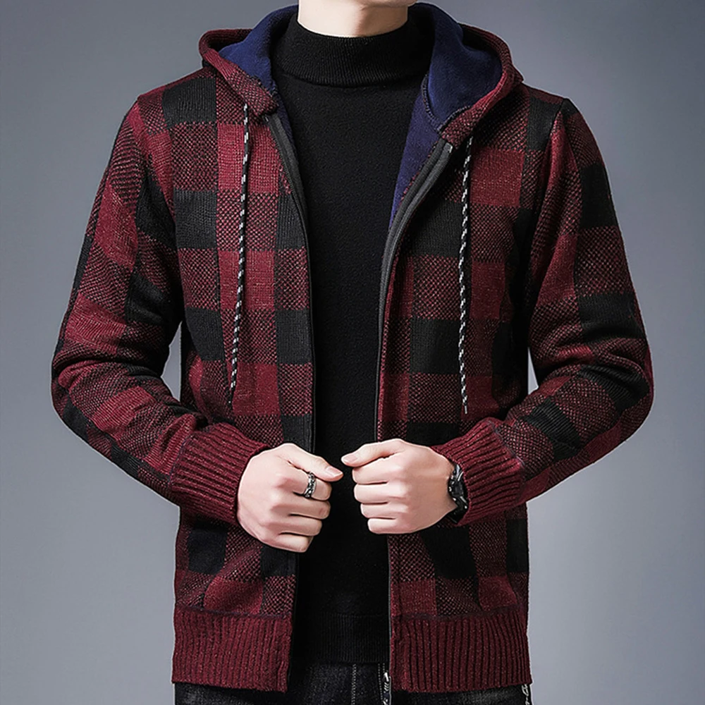 Covrlge Men's Hooded Cardigan Sweater Jacket Winter Plus Velvet Thick Plaid Warm Casual Hoodie Sweater Coat Streetwear MWK023