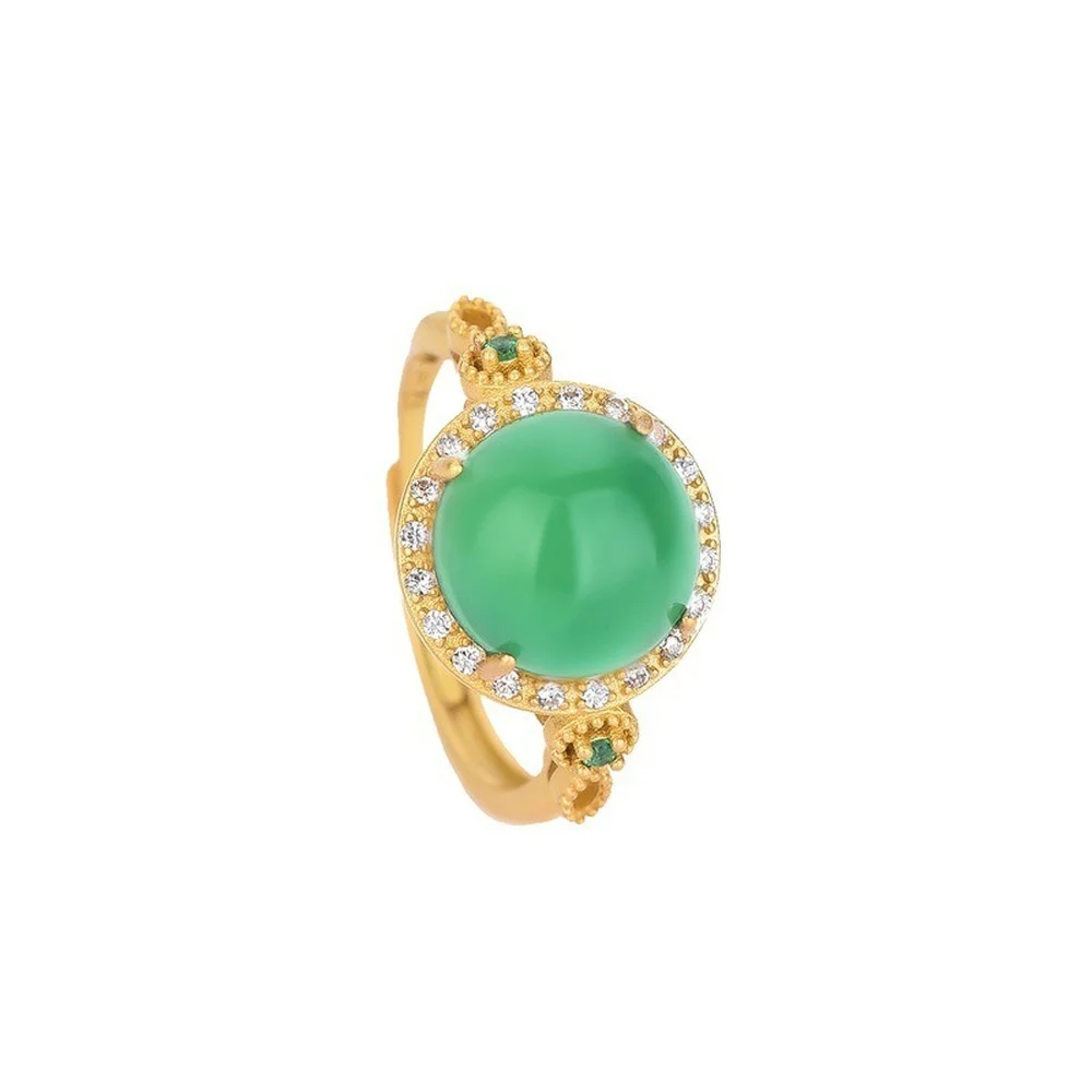 

European and American ancient French gold women's anniversary ring green copper inlaid emerald chalcedony open adjustable ring