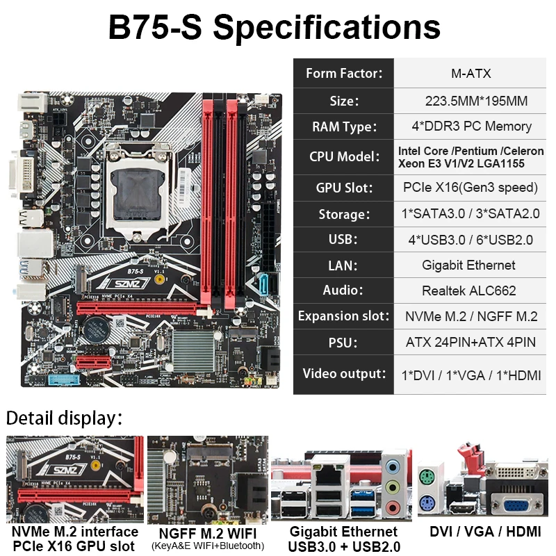 SZMZ B75 игровая материнская плата для ПК с поддержкой Intel Core i5 i7 i9 Xeon E3 V1 V2 LGA1155 CPU 4 * DDR3