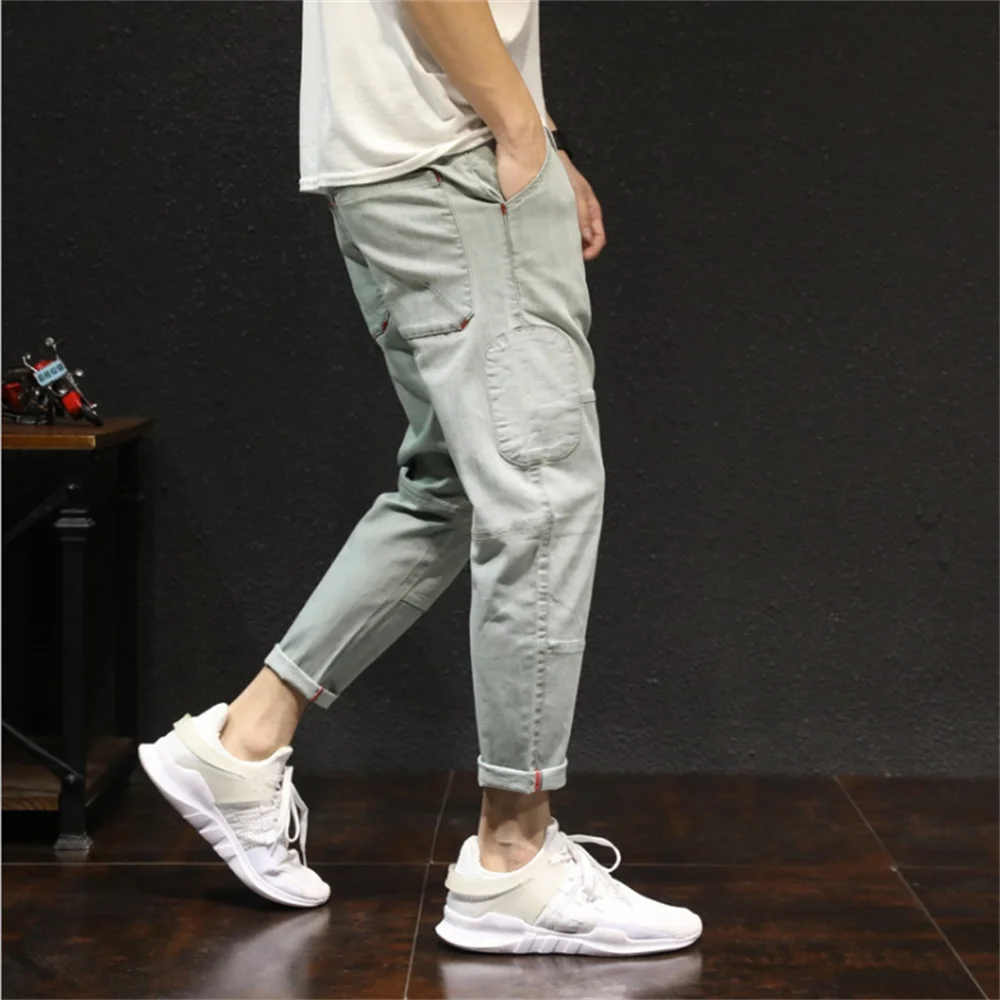 EH·MD® Seasonal Stitching Jeans Men's 3D Patch Decoration Stretch Youth Soft Cotton Slim-Fit Reflective Harem Pants Loose Cotton