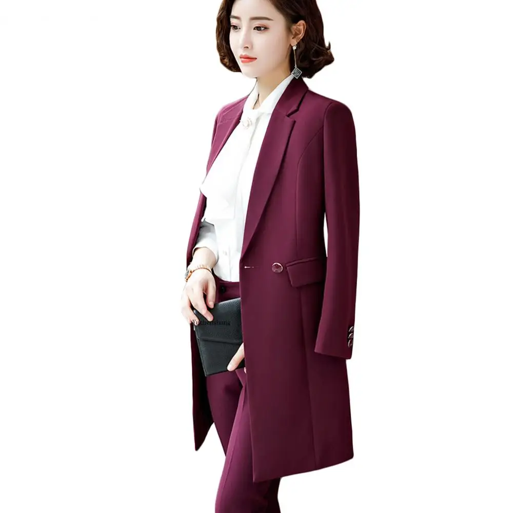 

2021 New Winter Women Long Blazer Elegant Long Sleeve Formal For Office Lady Black Blue Red Coat + pants or a skirt