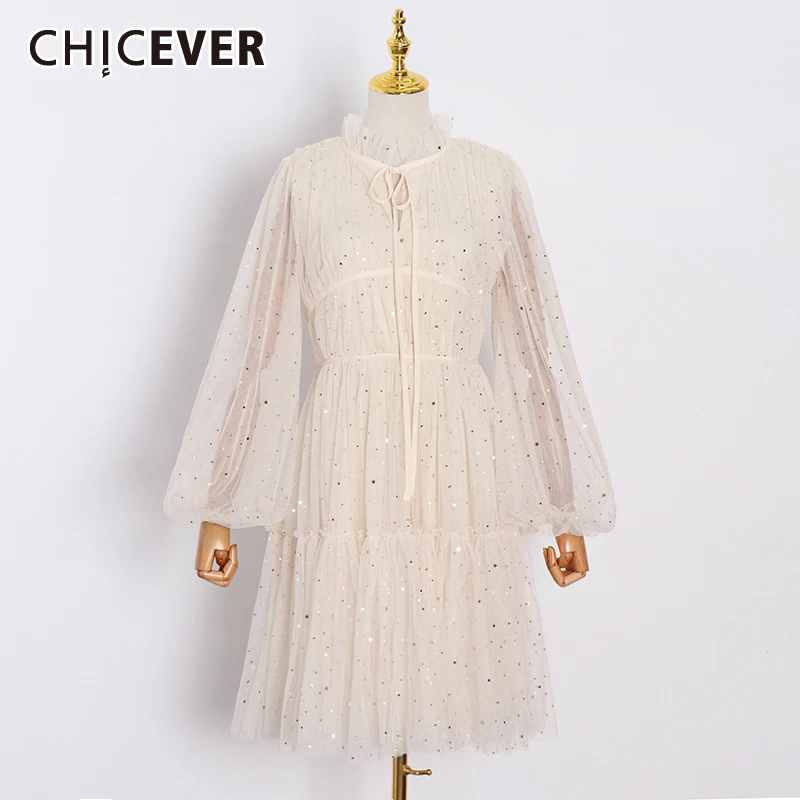 

CHICEVER повседневное лоскутное Сетчатое платье для женщин с воротником-фонариком и высокой талией, облегающие платья для женщин, 2021 осенняя од...