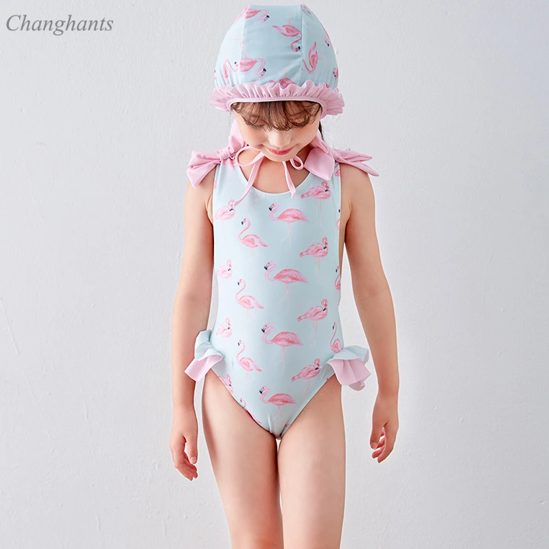 Для Девочек Цельный легкий купальник синий рубашка с изображением фламинго