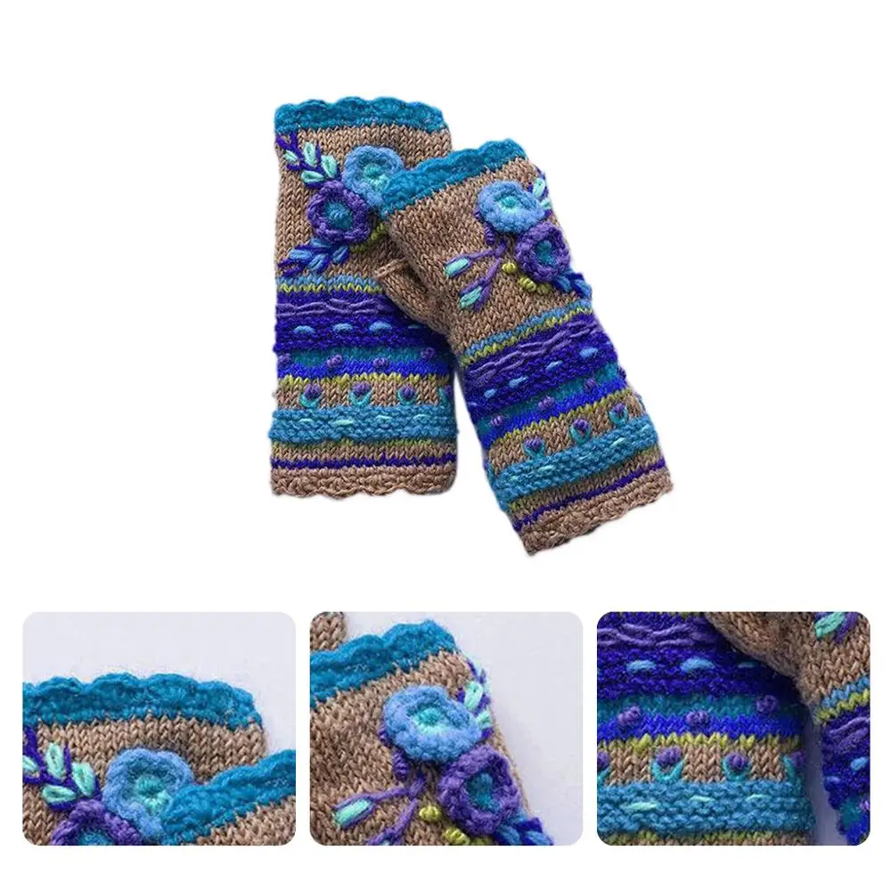 

Women Winter Vintage Multicolor Knitted Fingerless Gloves Fake Sleeve Ethnic Colorful Crochet Floral Half Finger Mittens