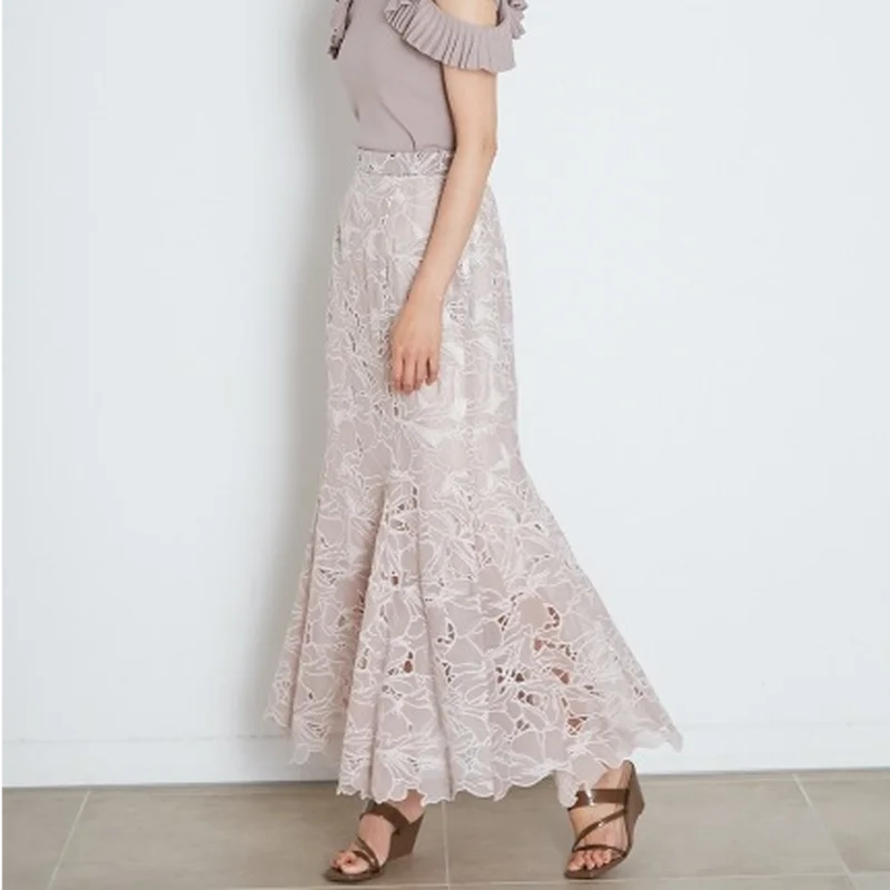 

Summer Temperament Lace Hook Flower Trumpet Skirt Woman Elegant Hollow Out Mermaid Faldas High Waist Slim Long Jupe Female HH480