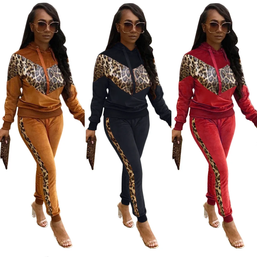 Осень Зима для женщин PU Леопардовый Принт толстовки Толстовка брюки костюм