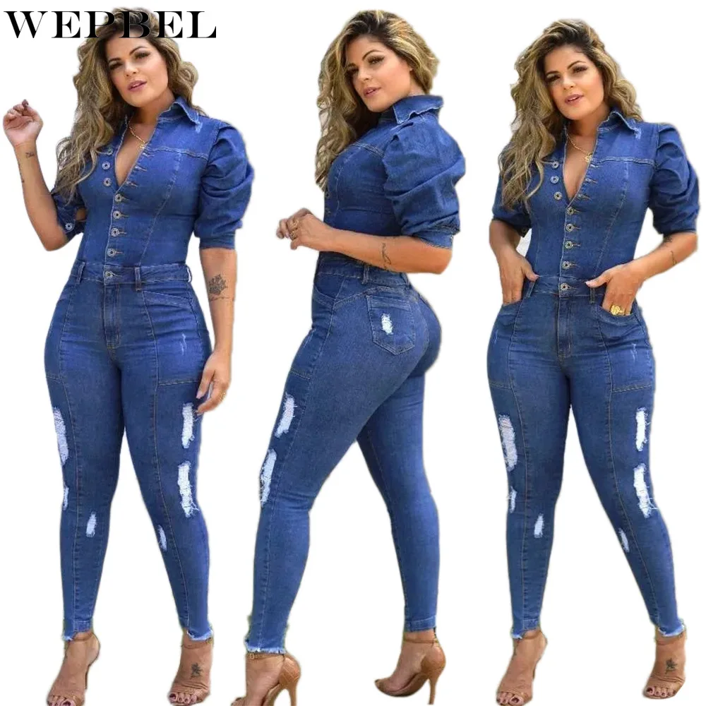 

WEPBEL Summer Short Sleeve Turn-down Collar Hole Denim Pencil Jumpsuits Women's Solid Single-Breasted Slim Denim Jumpsuits