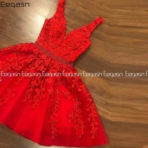 Женское кружевное коктейльное платье Eeqasn, элегантное красное короткое платье-трапеция с открытой спиной и поясом из бисера, платье для выпускного вечера, вечеринки, торжества
