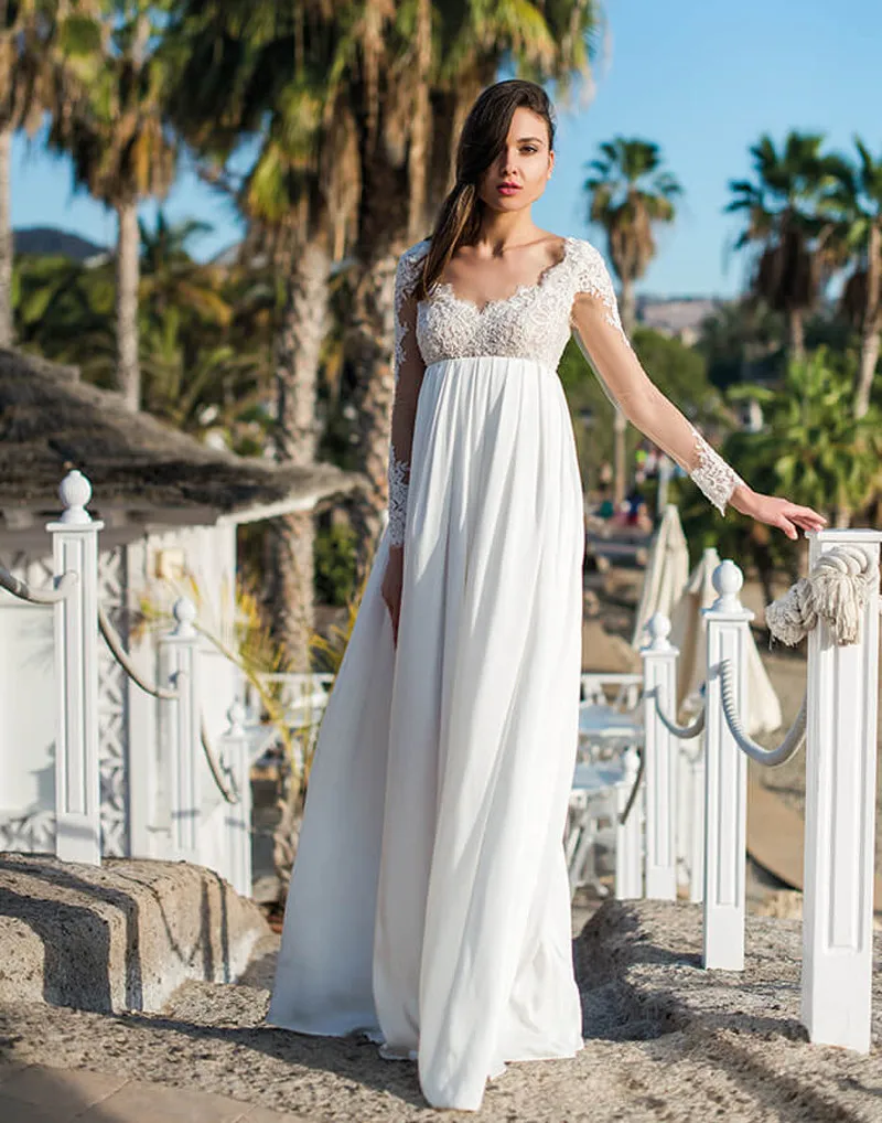 Кружевное свадебное платье с V-образным вырезом и длинным рукавом аппликацией