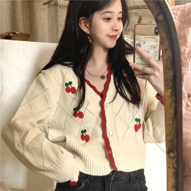 

Vintage Japanese sweet cherry knit Female thin cardigan sweater Autumn y2k black tops buttons Women's cropped sweaters mujer