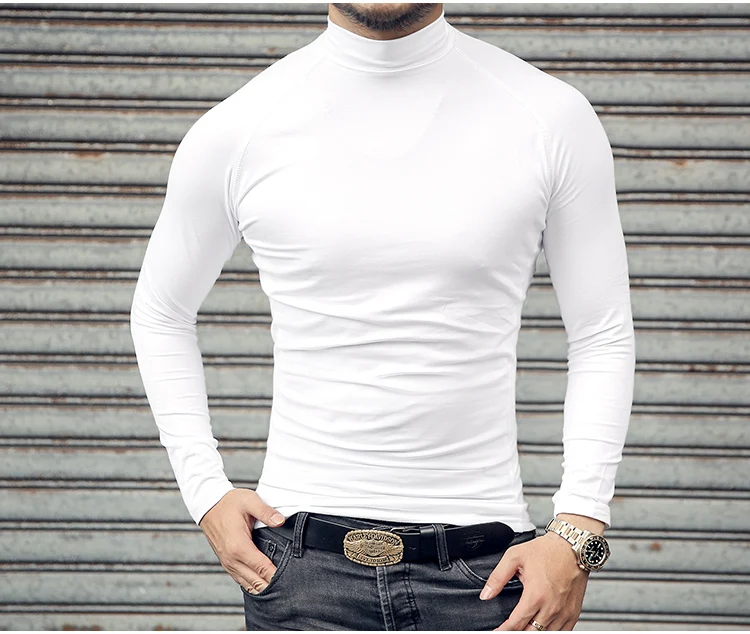 Мужская хлопковая футболка с длинным рукавом однотонная эластичная облегающая