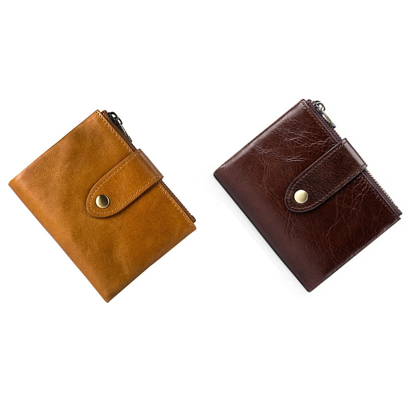 

Men's Wallet Oil Wax Genuine Cowhide Double Zipper RFID Multifunctional Japanese Retro Wallet