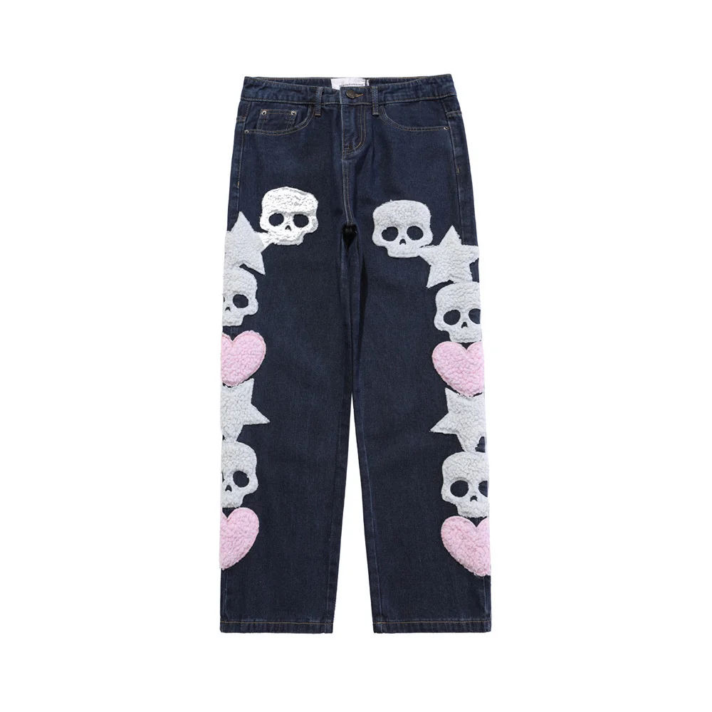 

Джинсы мужские с вышивкой скелета, модные прямые свободные брюки в стиле High Street, трендовые повседневные брюки из денима с широкими штанинам...