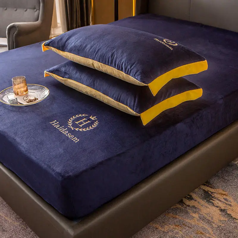 High-end Embroidery Elastic Bed Fitted Sheet Baby Velvet Anti-mite Mattress Cover Solid Color 1pcs Winter Warm Soft Queen | Дом и сад