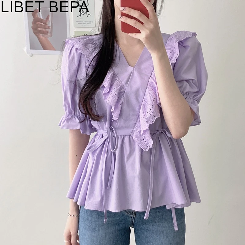 Новый 2021 летние женские блузки с v-образным вырезом буфами на рукавах в винтажном