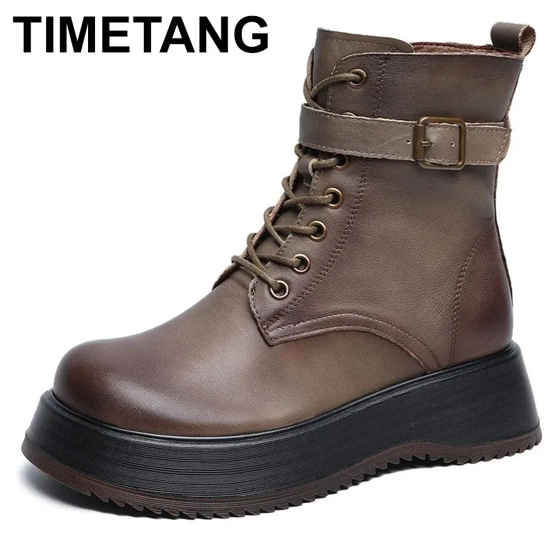 

TIMETANGThick-soled riding boots women 2021 spring and autumn single boots retro belt buckle zipper platform boots in the bottom