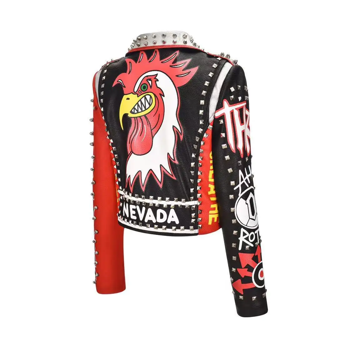 Women's high street 2021 autumn and winter fun printing rooster head PU short street leather jacket female Harajuku personality
