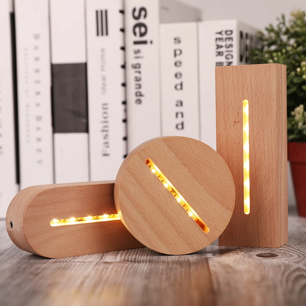 

3D Wooden Lamp Base LED Table Night Light Base For Acrylic Warm White Lamp Holder Lighting Accessories Assembled Base 2021