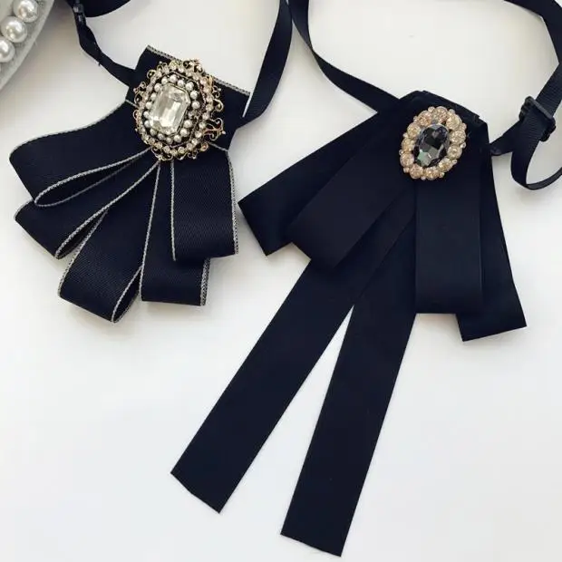

New Retro Cloth Art British Style Fabric Neck Ties Crystal Bow Tie for Womens Tops and Blouses Shirt Collar Accessories
