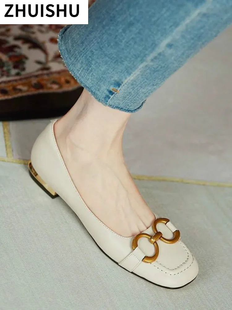 

Women's Flat Shoes Fashion Metal Slip on Loafers Woman Low-heeled Casual Women's Shoes Summer Asakuchi Leather Shoes for Women