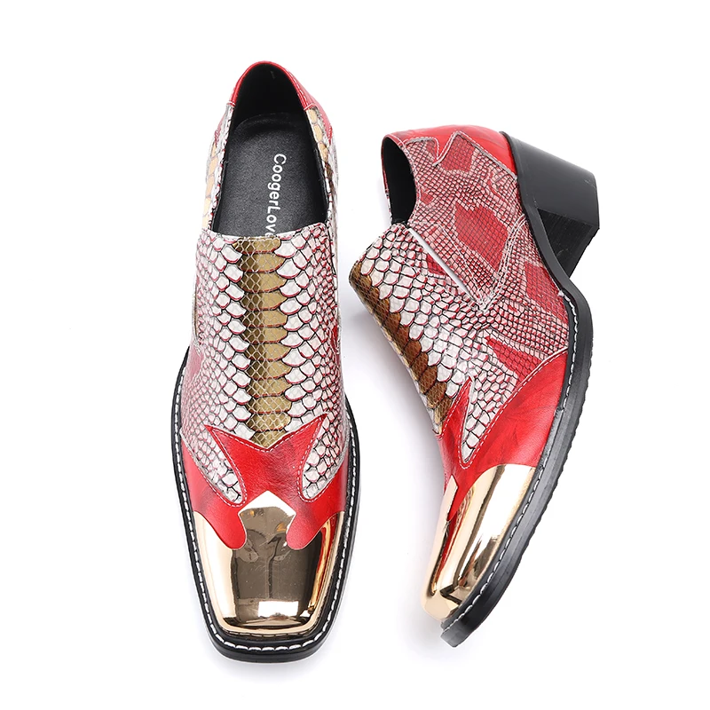 Italian Stylish Shoes Men Leather Mixed Colors Weddding High Heels Oxfords Man Snake Skin Square Toe Gold Dress Loafers images - 6
