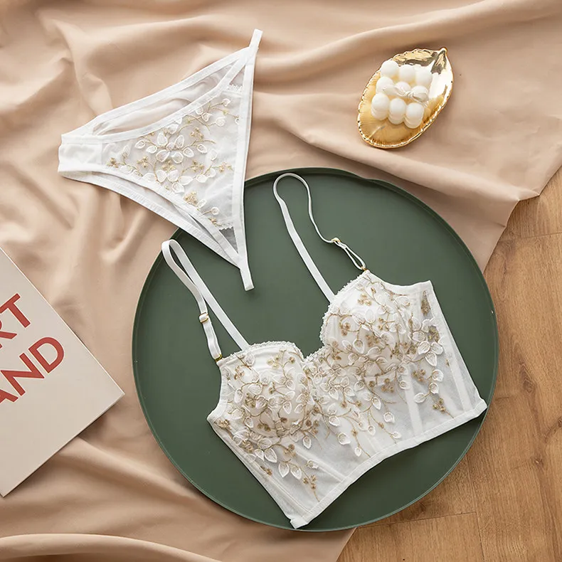 

Hjwsfdcai New Women Embroidered Lace Underwear Bra Set Steel Rubber Bone And French Women Sling Lingerie Translucent Silk Lace