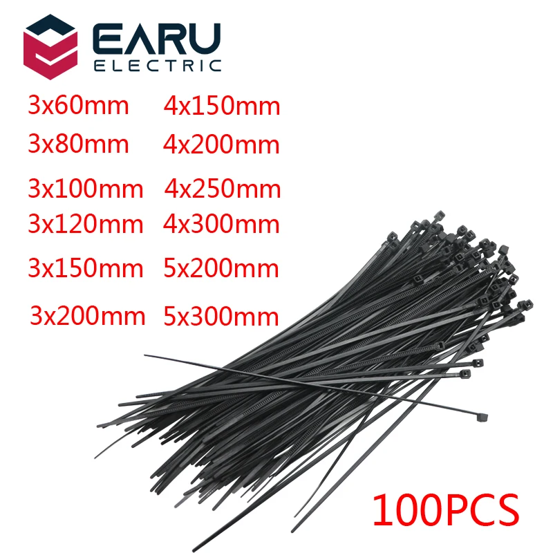 Самоблокирующийся пластиковый нейлоновый Галстук 100 шт. черный 5x300кабельная