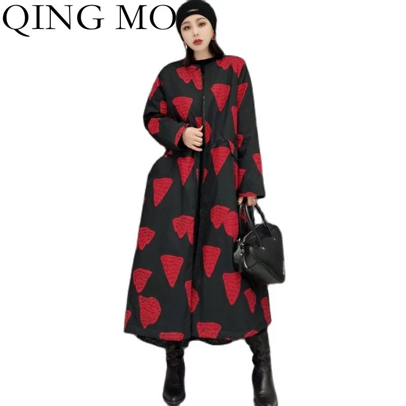 

QING MO 2021 Autumn Winter New Fashion Printing Windbreaker Women Loose Slim Thickened Warm Long Women's Cotton Jacket ZWL1439