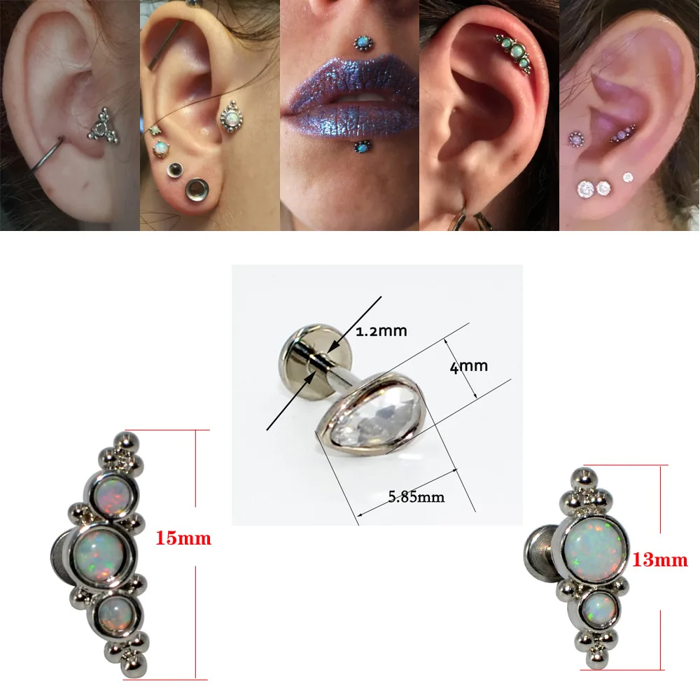 

4PCS Cartilage Tragus Helix Piercing Earring Stud 16G Surgical Steel Zircon Internally Threaded Jewelry Labret Lip Ring
