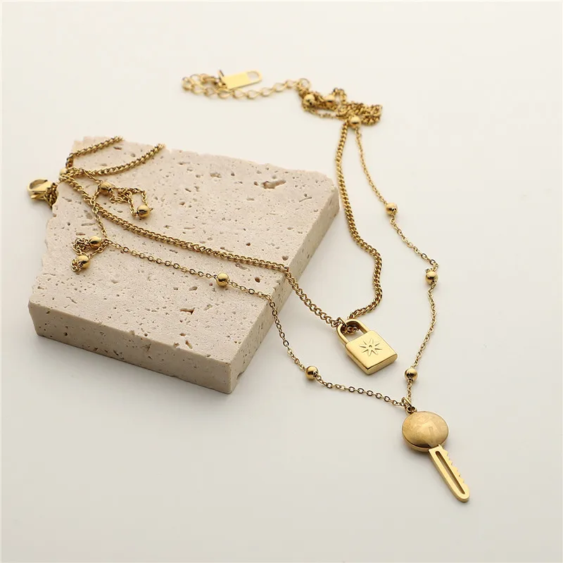 

14K Gold Plated 316L Titanium Steel Double Layer Love Key Power Star Lock Pendant Necklace For Women Multiple Layer Jewelry