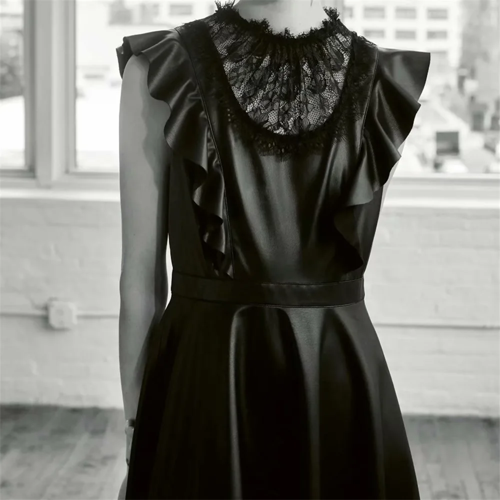

2021 Fall Women New Round Neck Short Sleeve Layered Decorative Lace Plus Seam Embroidered Midi Faux Leather Dress