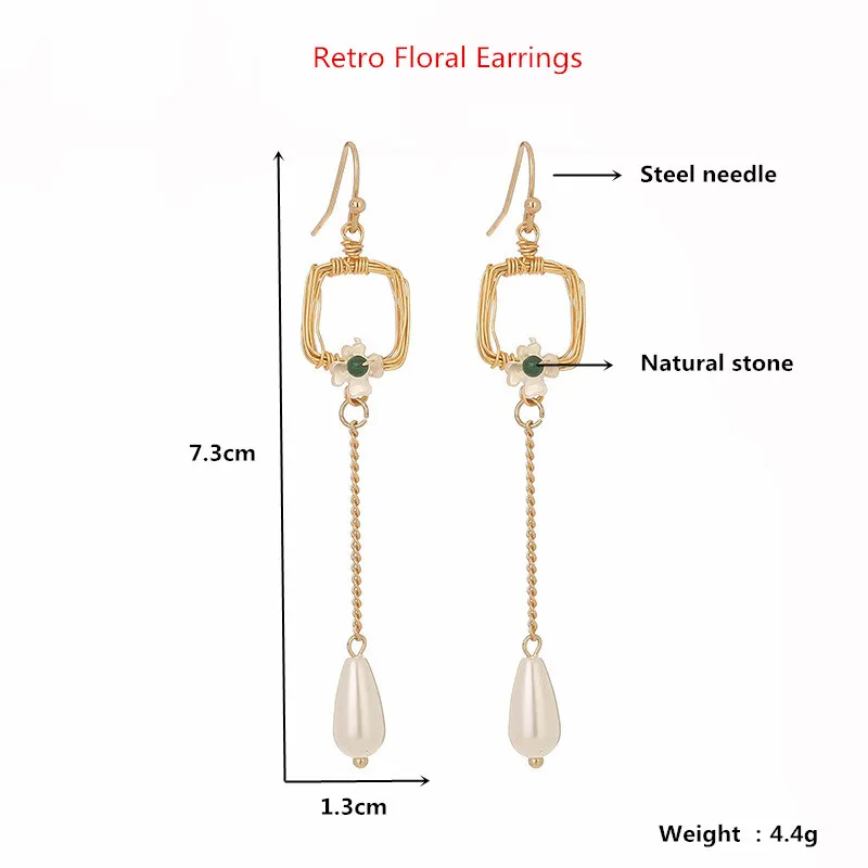 

2021 New Trend Retro Pearl Earrings Compact Petals Natural Stone Tassel Long Drop Earrings Ear Hook Women Fashion Jewelry Gifts