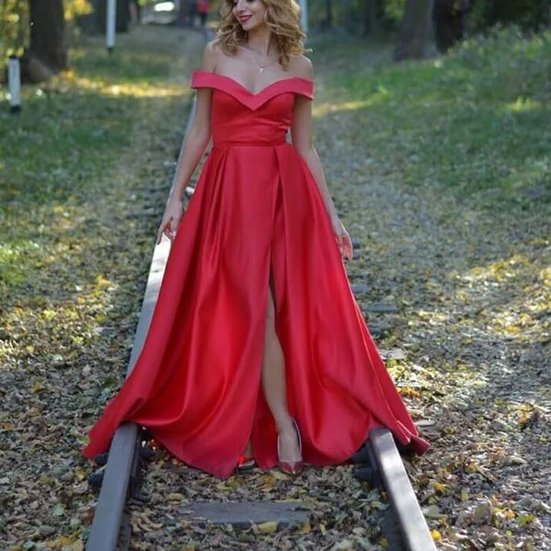 

Red A-line Prom Dresses Long 2020 Sexy High Split Satin Formal Dress Evening Gowns Cheap Off Shoulder Vestidos De Gala