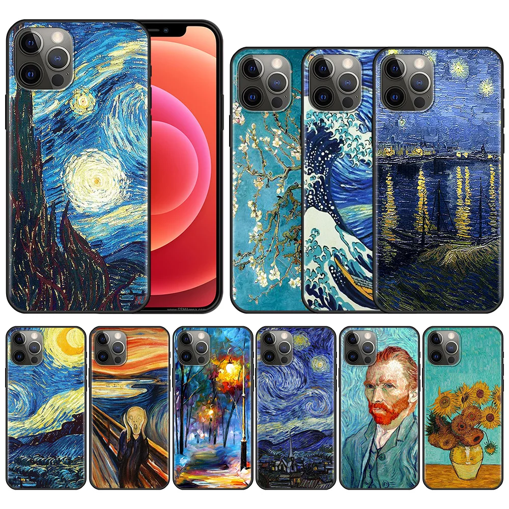 

Art paintings Starry Night Van Gogh Phone Case For iPhone 11 13 12 Pro Max XS XR X 8 7 6s 6 Plus 5 5S SE Black Silicone Cover