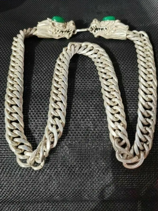 

China old Tibet silver carving chain inlaid green jade double dragon necklace