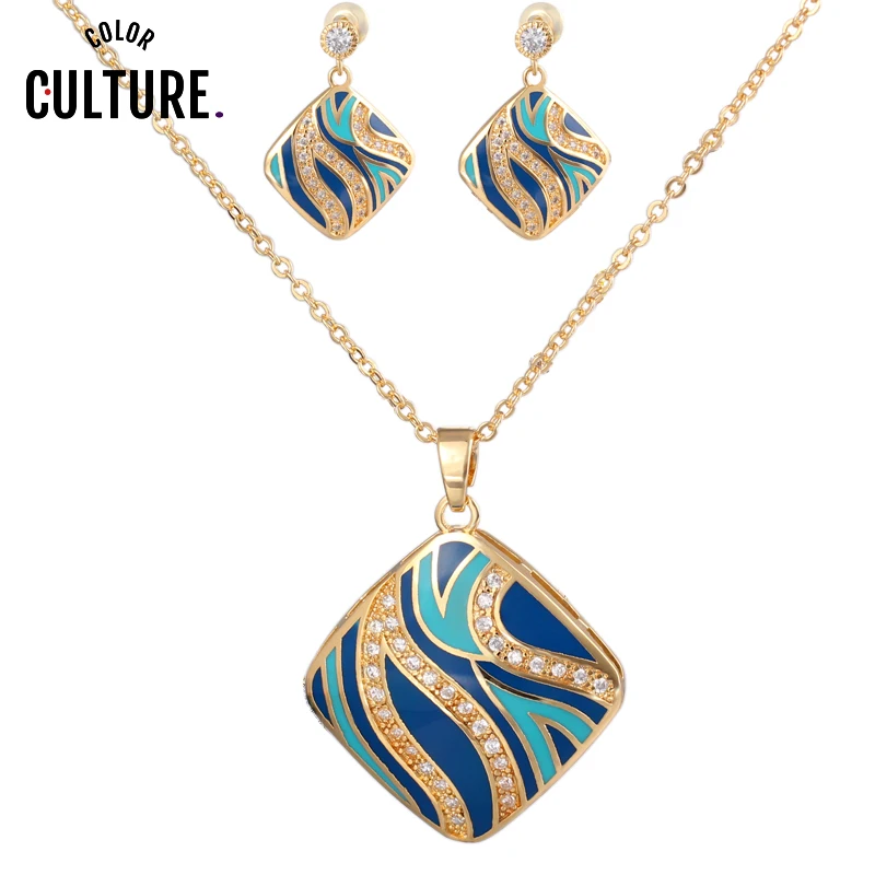 

Exquisite Dubai Jewelry Set Luxury Costume Design Gold-Color Necklace and Earrings Blue Copper Pendant