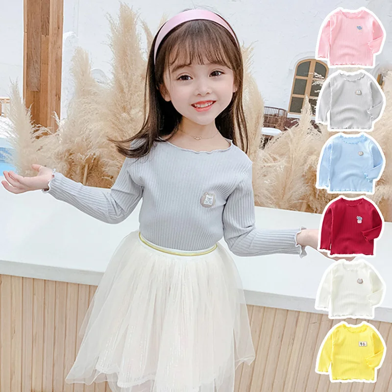 2021 Baby Girls Clothing Girls Shirts Long-sleeved O-necked Solid Color Shirt kid Blouse Cotton Children's Tops Girls Clothing